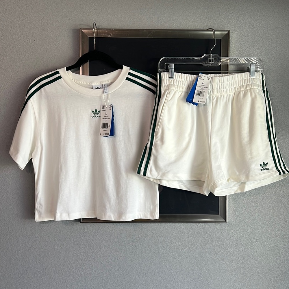 NWT Adidas white & green crop tee & shorts w pockets set size large.